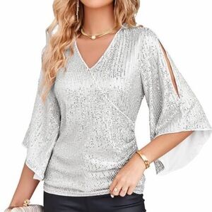 White Sequin V-Neck Split Sleeve Women's Top
